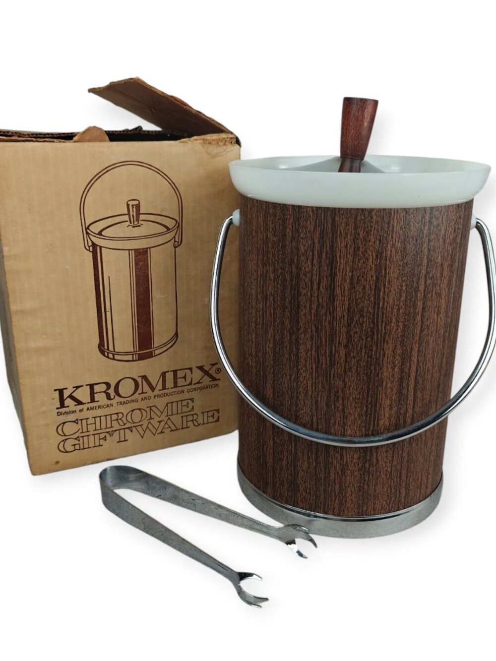 Vintage Kromex Chrome & Woodgrain Ice Bucket With Lid & Tongs Mid-Century Modern